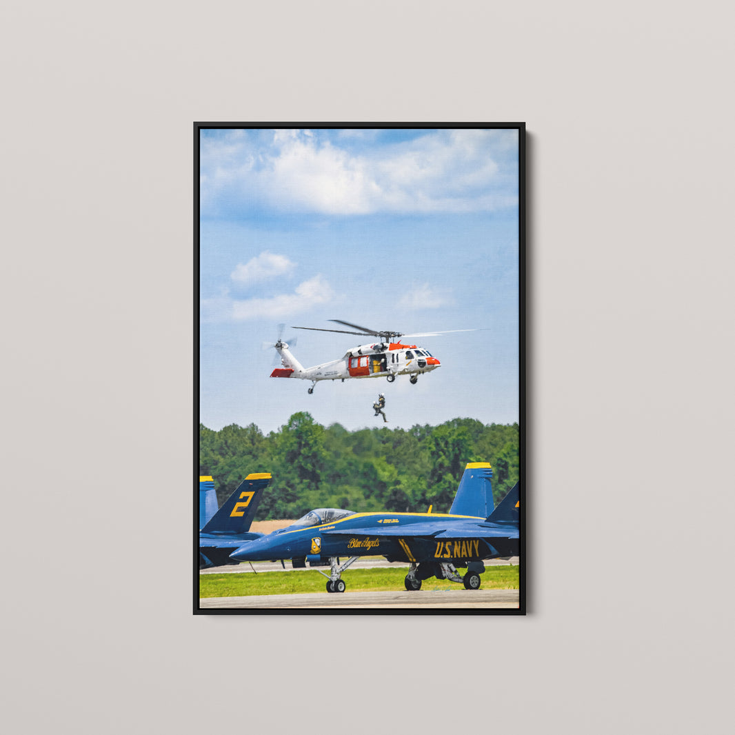 Swimmer Away — Black framed canvas mockup