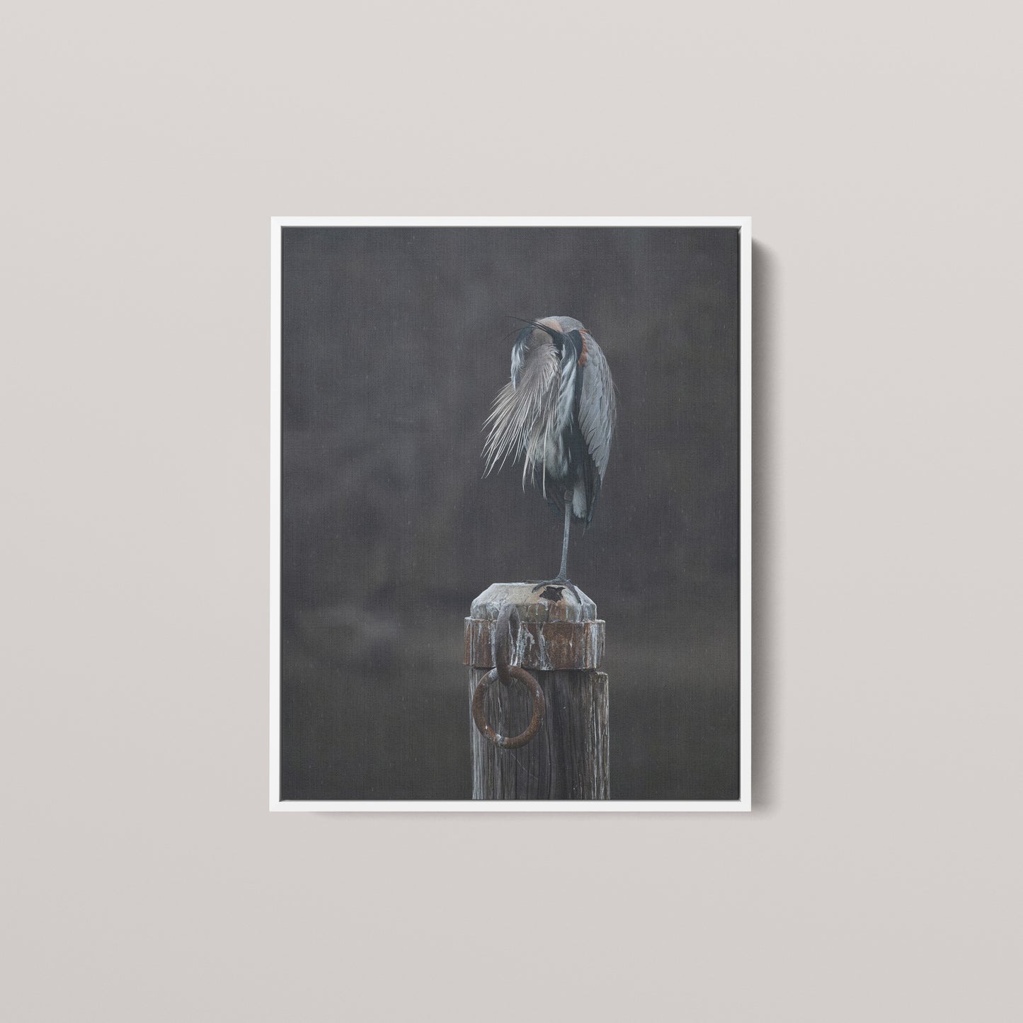 Rainy Day Heron — White framed canvas mockup